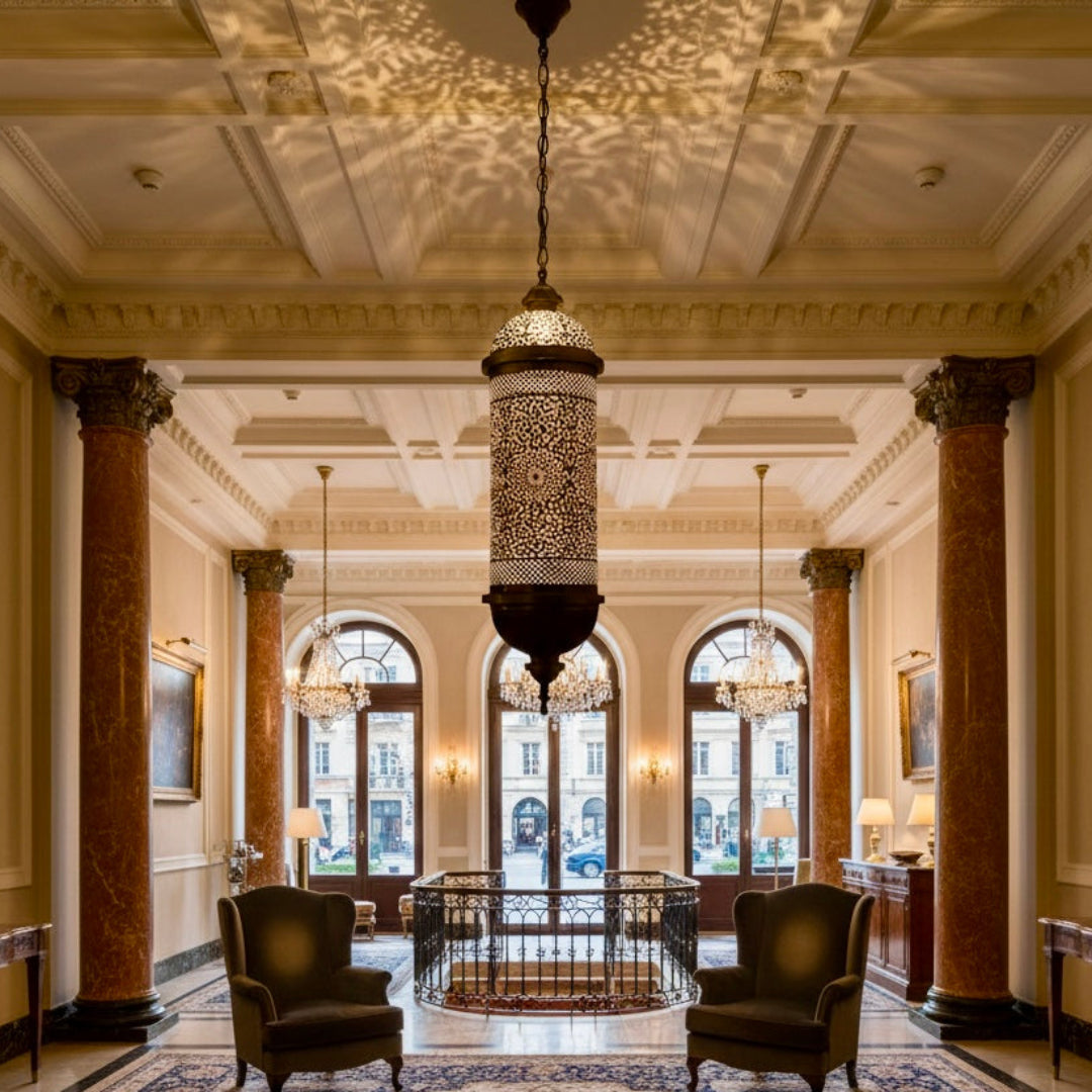 Large intricate handcrafted brass Moroccan lantern installed in a grand, classic interior hallway with columns and plush armchairs.