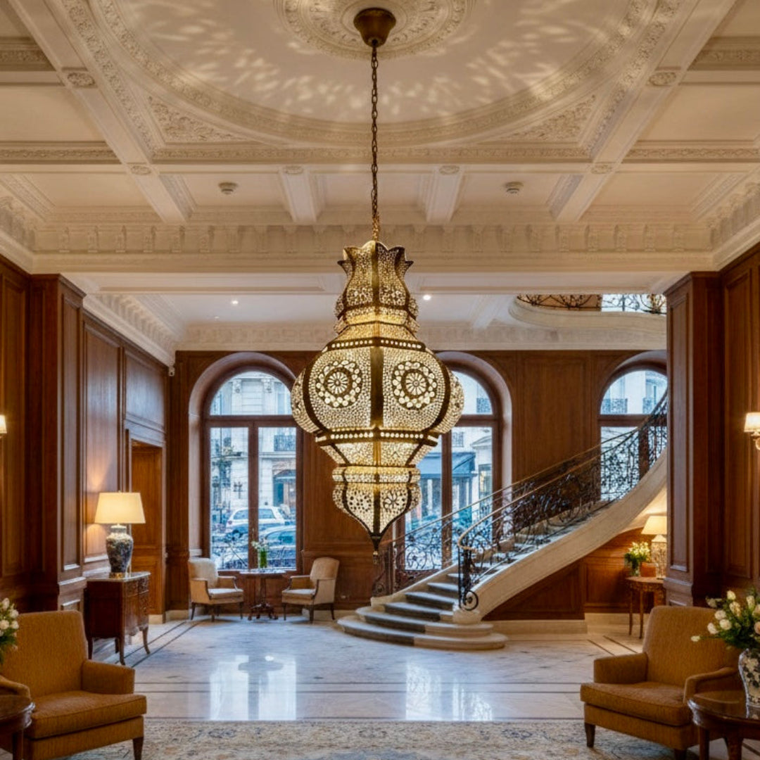  A grand, handcrafted Moroccan brass chandelier hanging in a luxurious hotel lobby with a spiral staircase, creating an elegant traditional lighting atmosphere.