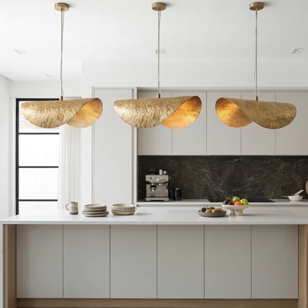 Three large wave-shaped brass pendant lights hanging over a large white kitchen island in a bright open-concept home