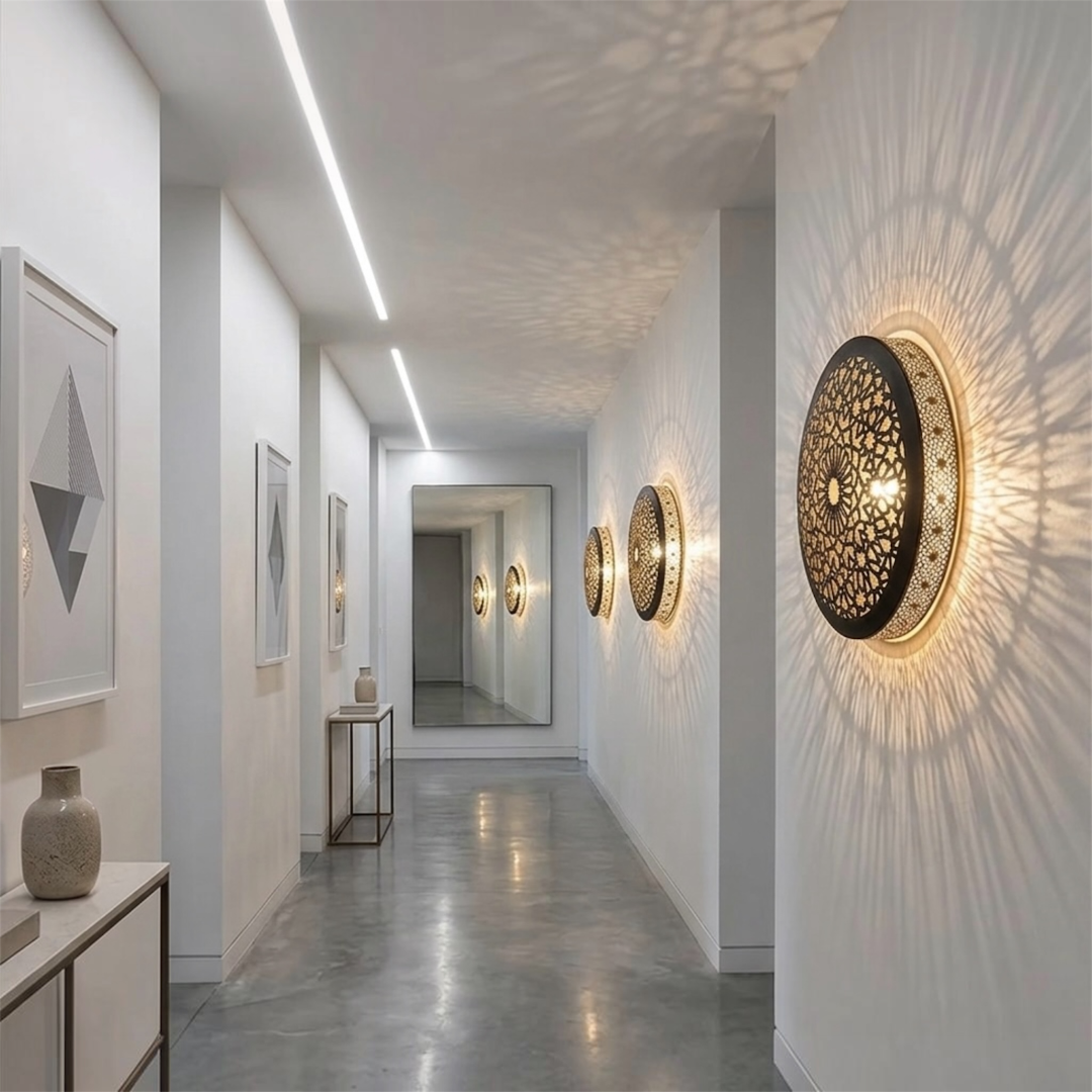 A row of luxury Moroccan brass flush mount sconces lighting up a modern white hallway corridor with geometric light shadows.⁠