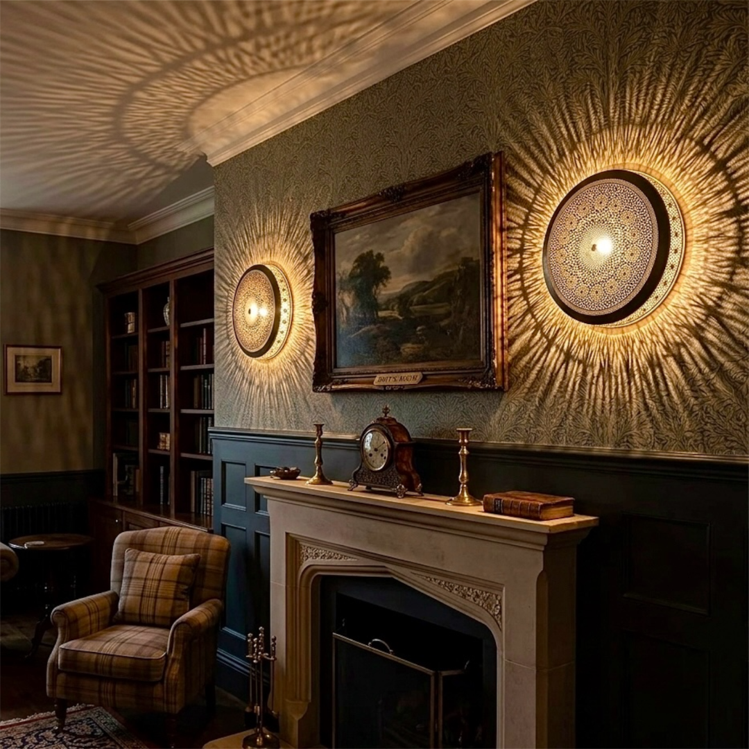  A pair of illuminated Moroccan brass wall lights creating warm ambient lighting over a fireplace in a classic cozy living room setup.