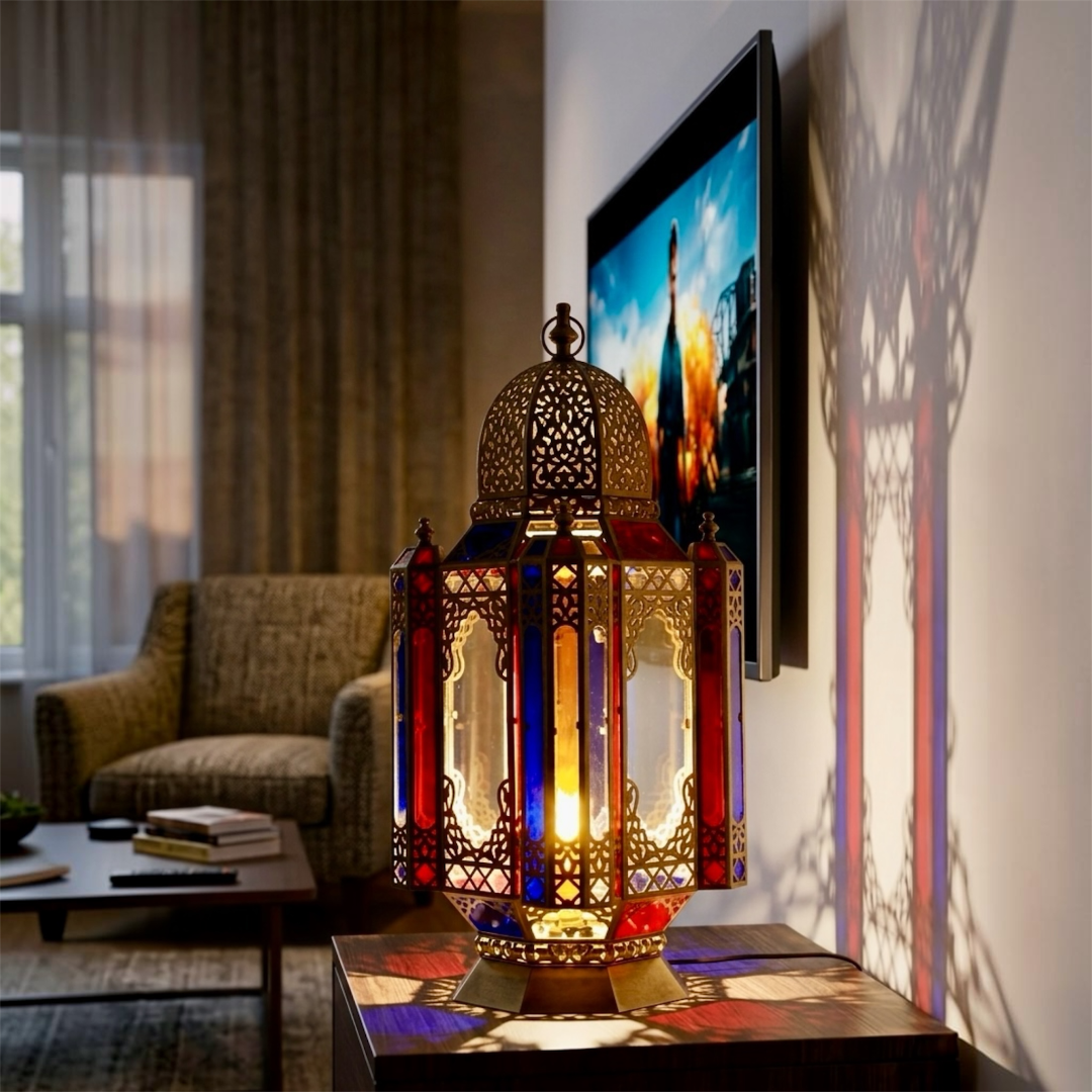 Moroccan handmade brass table lantern illuminating a modern living room side table next to a television screen.
