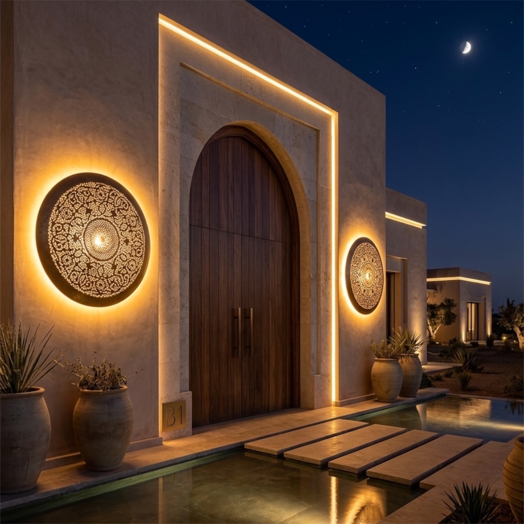 Pair of large round Moroccan brass wall sconces illuminating the exterior entrance of a luxury modern villa next to a pool at night.