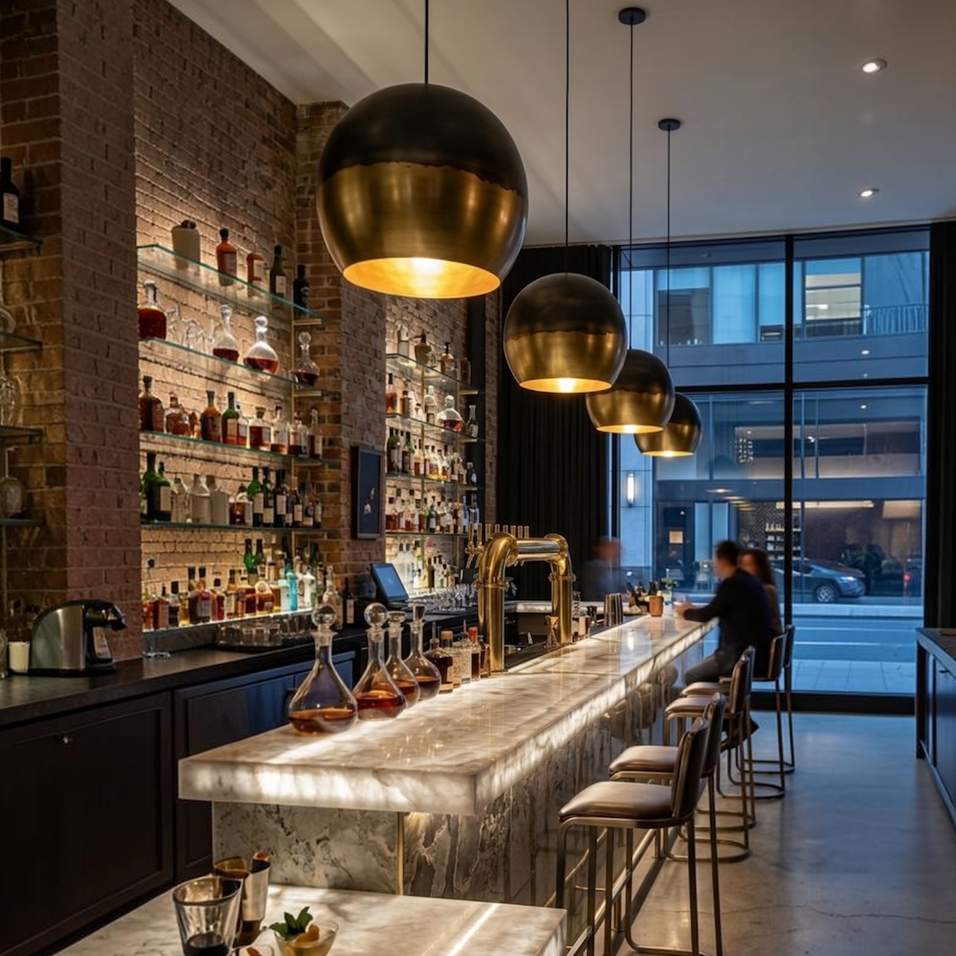 Sequence of luxury handmade Moroccan brass dome light fixtures installed above an illuminated marble bar counter in a stylish restaurant interior