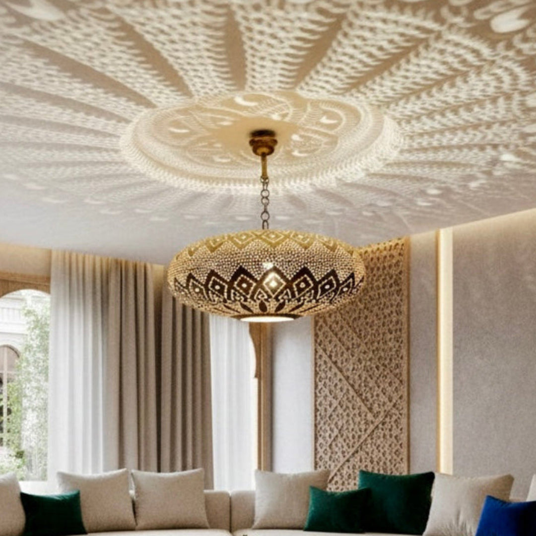 Artisan-made Moroccan brass pendant lamp with antqaue  finish and floral patterns.