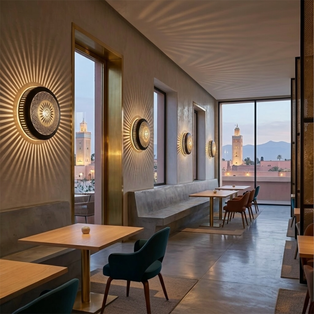 Multiple handmade Moroccan brass flushmount lamps mounted on walls in a high-end modern restaurant in Marrakesh, casting beautiful shadow patterns overlooking a minaret.
