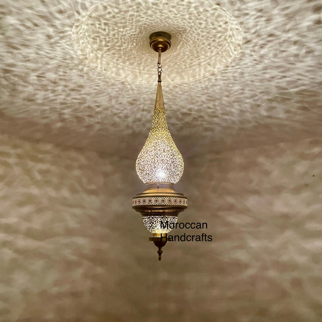 Luxury antique brass Moroccan chandelier, hand-etched with classic Moorish geometric patterns.