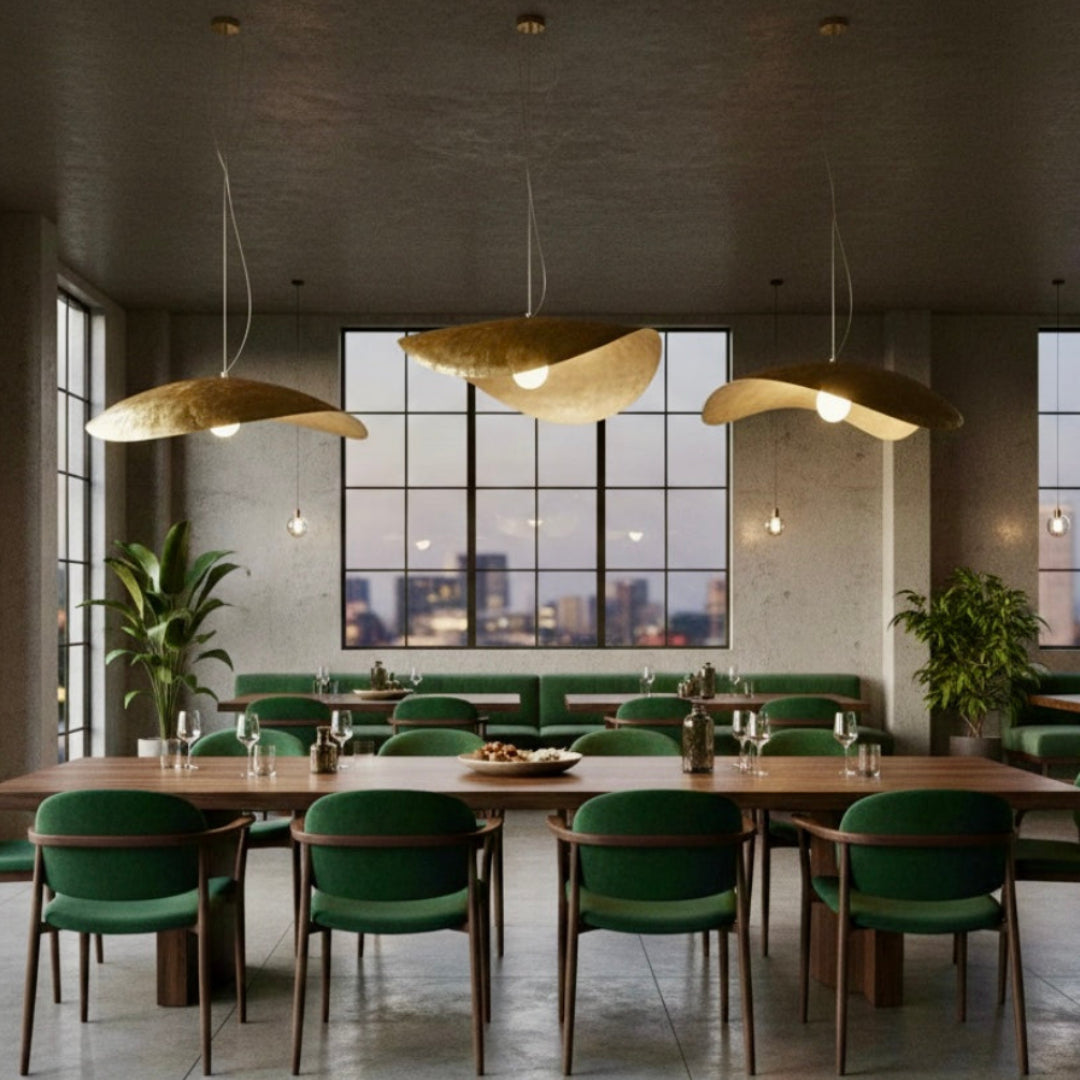 minimalist Moroccan brass ceiling fixture providing a warm golden glow in a contemporary living room setting.