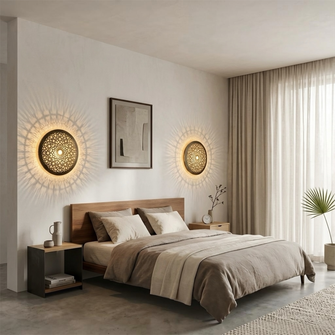 ⁠A pairs of modern Moroccan brass wall lamps installed as bedside lighting in a minimalist bedroom, casting beautiful radiating shadows.⁠