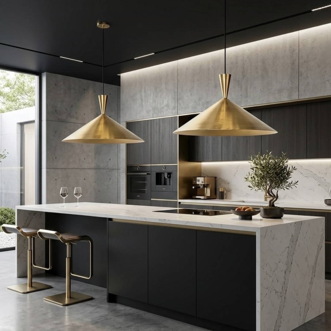  Two modern handcrafted brass pendant lights adding warm ambient lighting above a luxury concrete and marble kitchen island