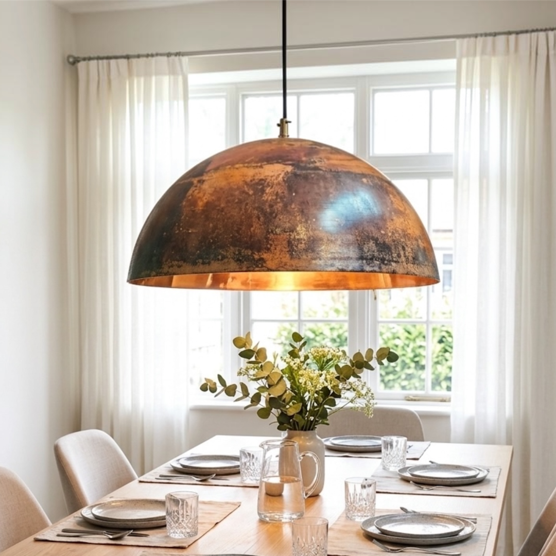  Large rustic brass dome lamp hanging above a modern wooden dining table set with place settings