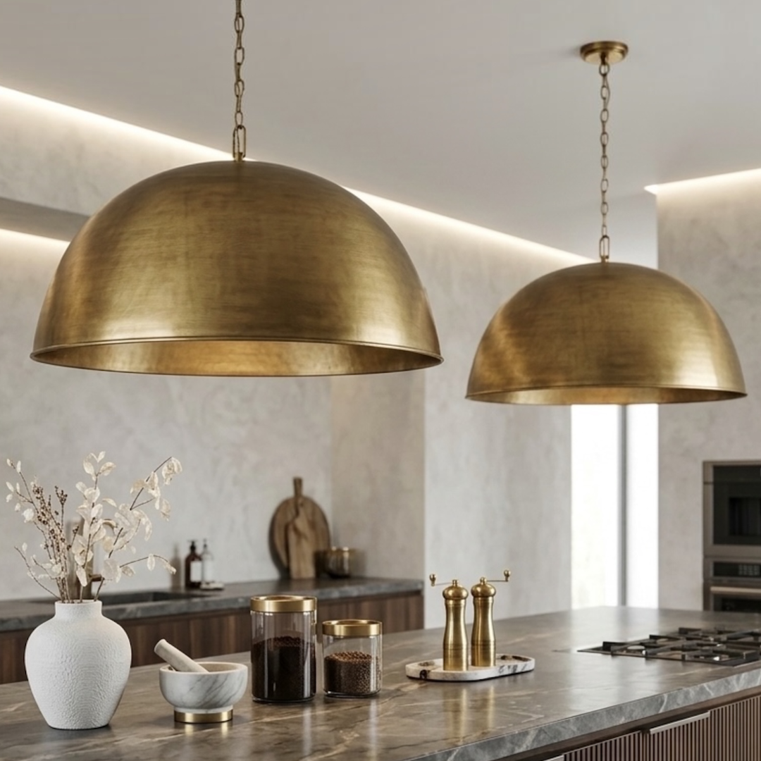  Close-up of two Moroccan handmade antique brass dome lights installed above a contemporary marble kitchen island