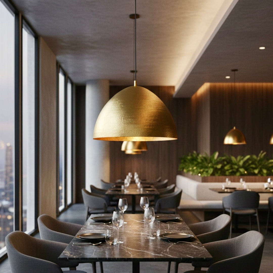 Large hammered brass dome pendant lights hanging over marble tables in a luxury modern restaurant.