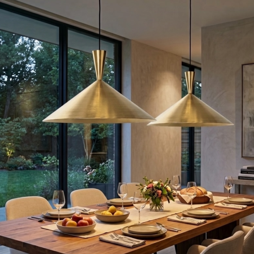  Pair of handmade Moroccan brass cone ceiling lamps hanging over a wooden dining room table in a contemporary home interior