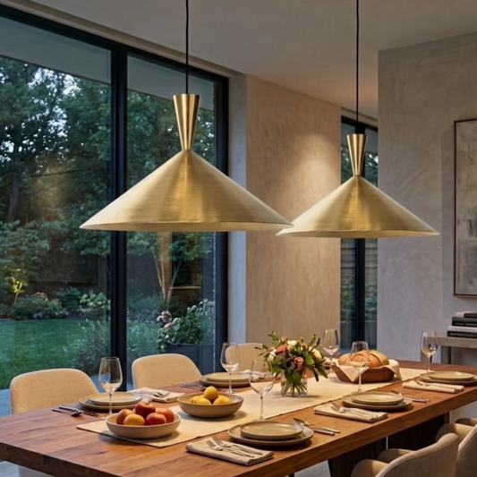  Pair of handmade Moroccan brass cone ceiling lamps hanging over a wooden dining room table in a contemporary home interior