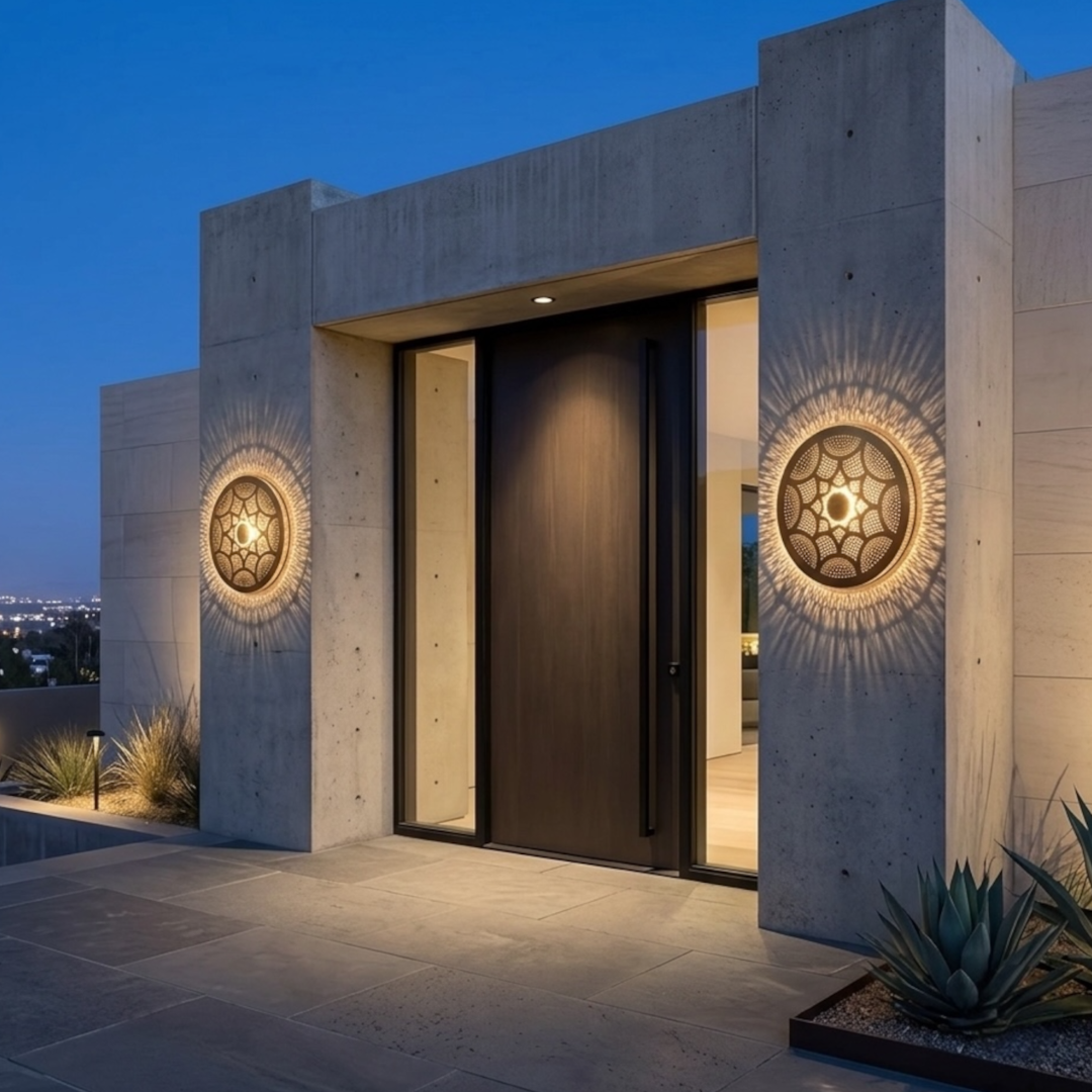  Pair of modern Moroccan brass flush mount ceiling lamps styled as luxury outdoor wall sconces on a concrete villa entrance casting a geometric shadow pattern at dusk.