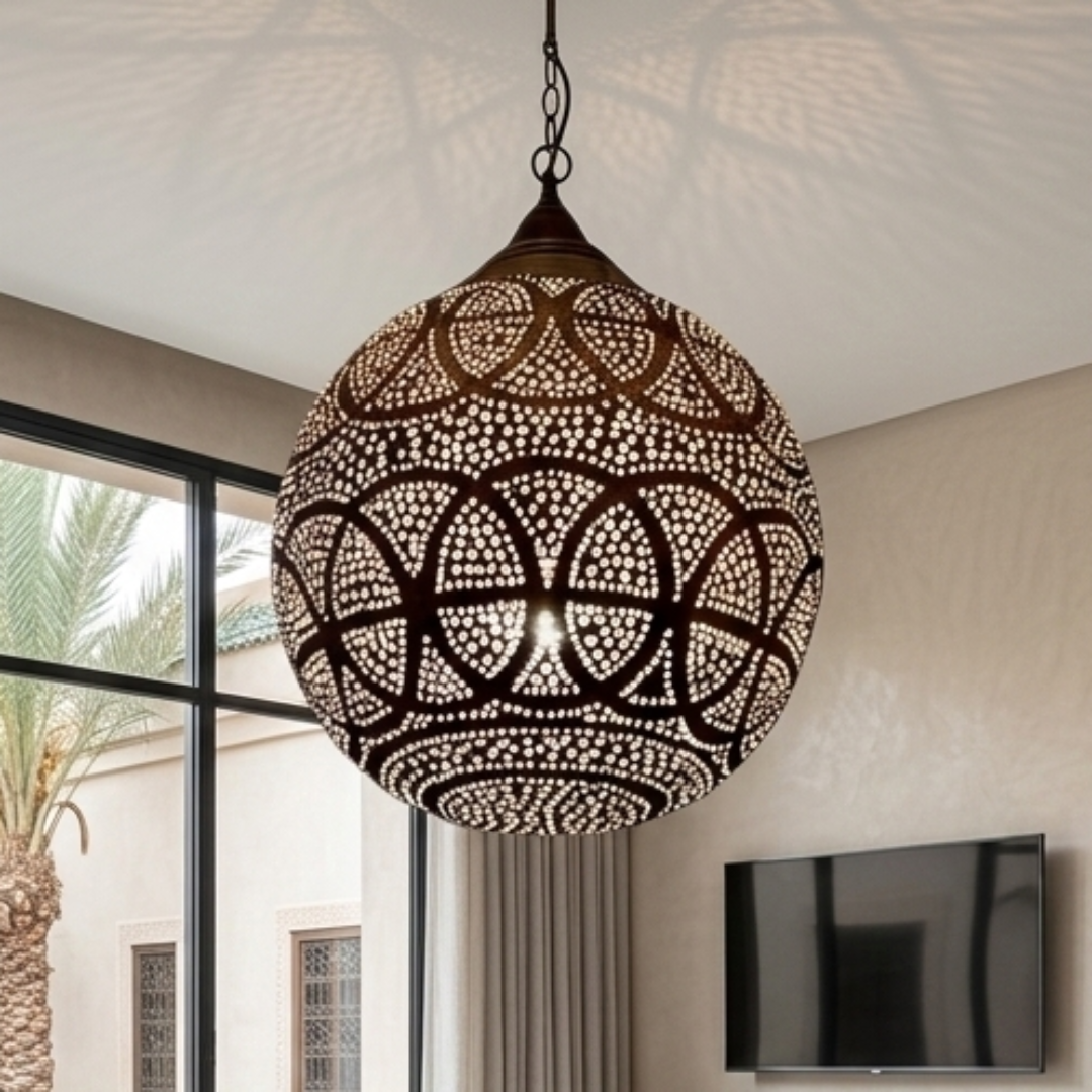 Modern living room design featuring an authentic Moroccan brass lamp as a centerpiece above a cozy seating area with a concrete fireplace.