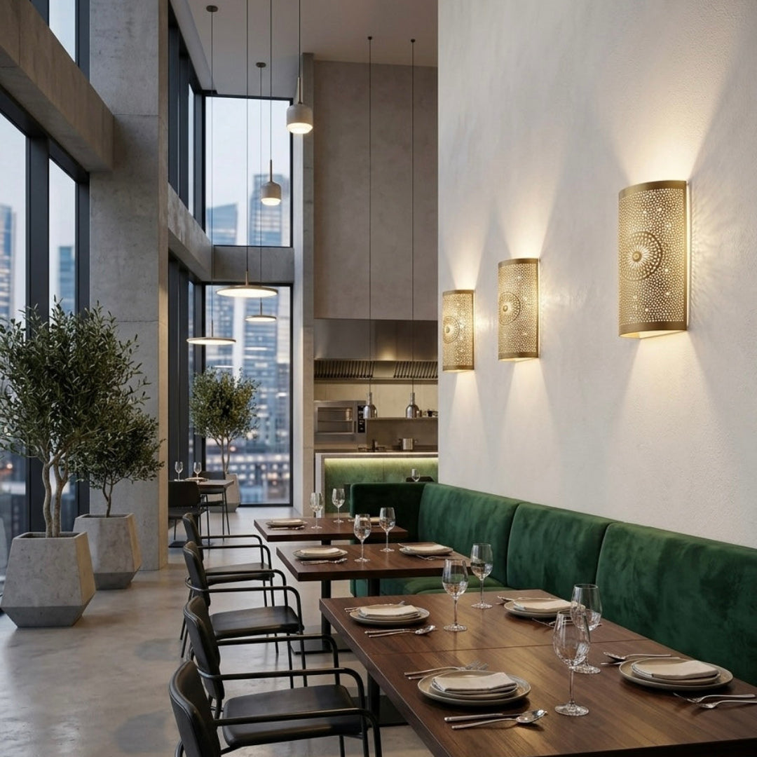  Three brass filigree wall sconces installed on a white wall in a high-end modern restaurant with green velvet seating and city views.