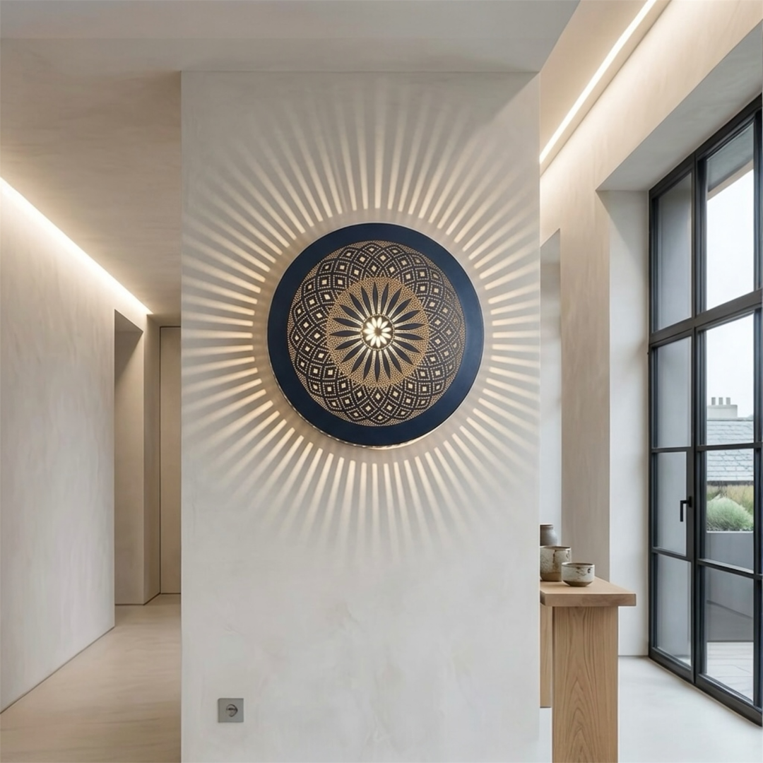A contemporary minimalist white corridor featuring a round Moroccan brass flush mount ceiling light used as a luxury wall fixture emitting bright radiating light rays.