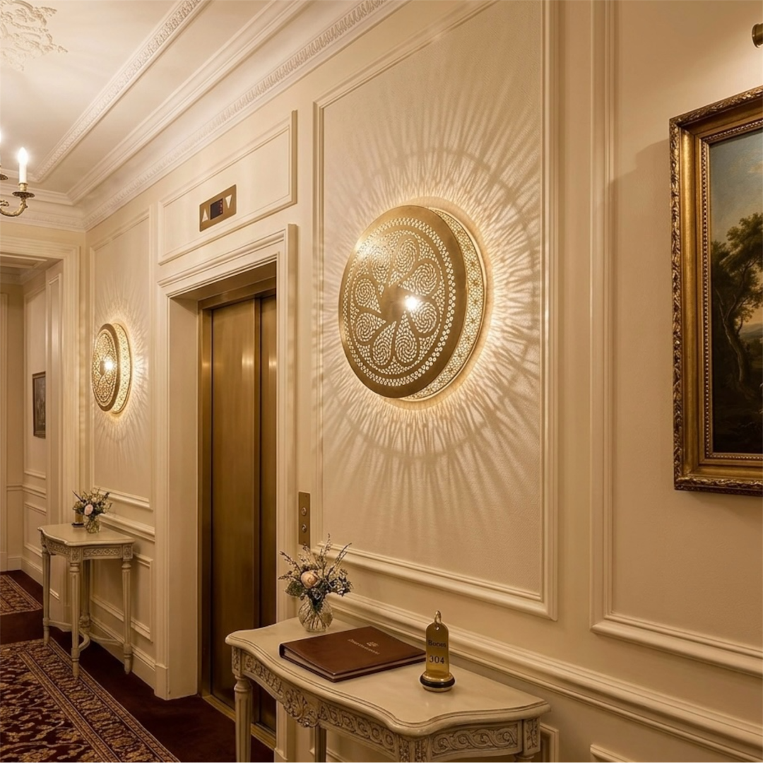  Pair of modern Moroccan flush mount brass lamps installed as wall fixtures in a luxury hotel corridor next to an elevator, throwing warm patterned shadows.