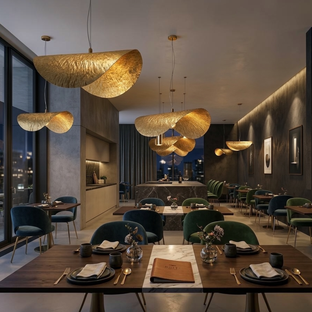 Multiple organic wave brass pendant lamps illuminated inside a luxury modern restaurant setting with warm ambient lighting