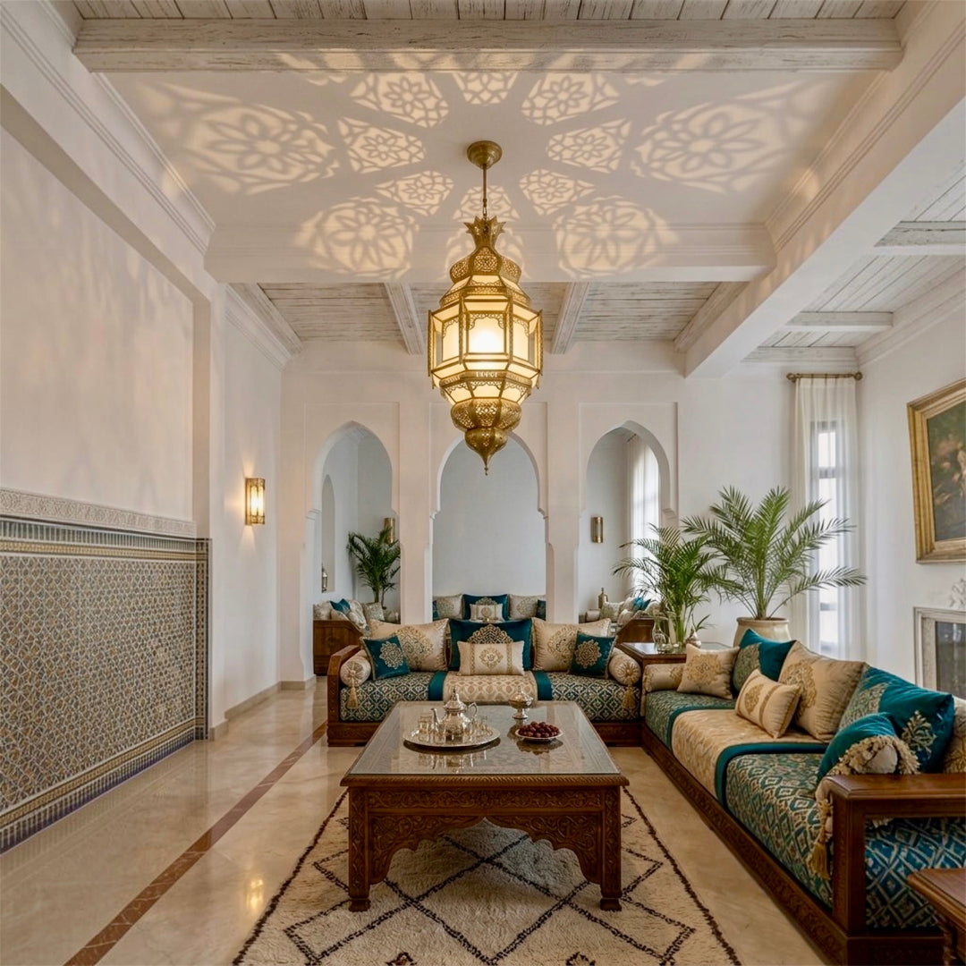 Contemporary living room interior styled with an authentic Moroccan brass ceiling light casting warm shadows⁠