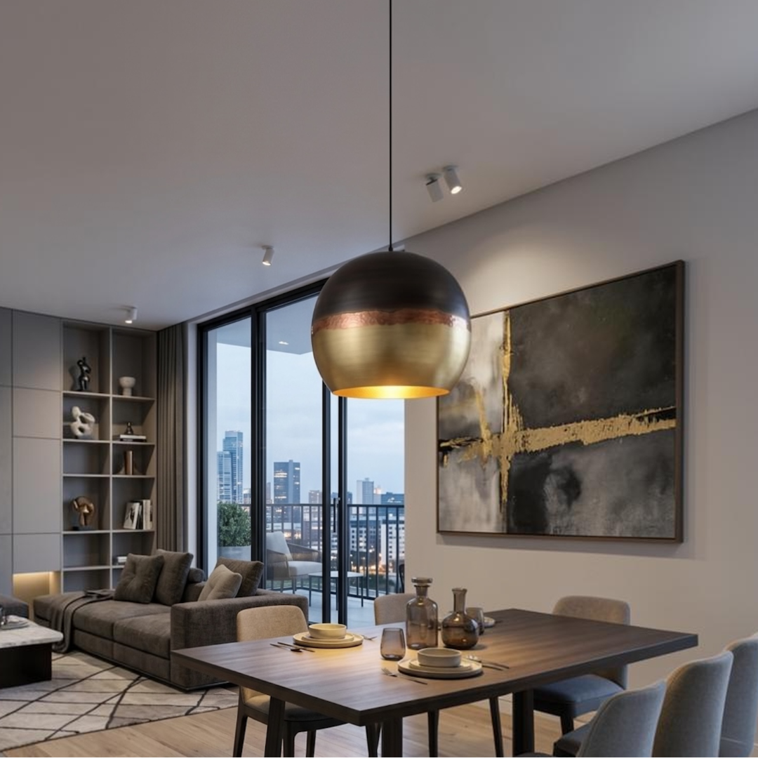 Statement modern Moroccan handmade brass dome pendant fixture lighting an elegant open-plan dining and living room area