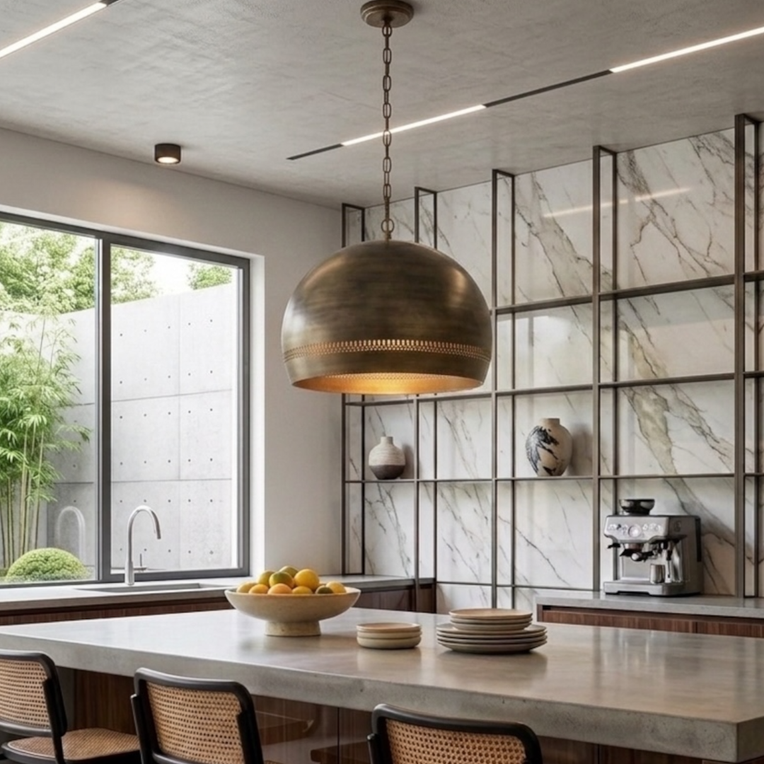 Modern Moroccan handmade brass dome pendant light hanging over a contemporary kitchen island with seating