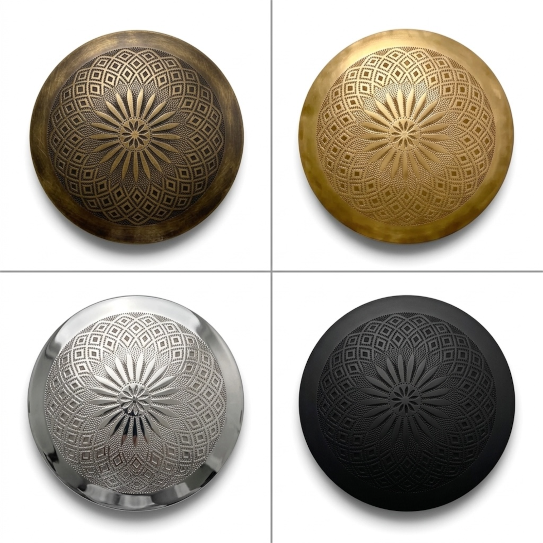Four variations of a handmade Moroccan brass flush mount lamp showing antique bronze, polished gold, silver chrome, and matte black finishes with intricate geometric filigree patterns.