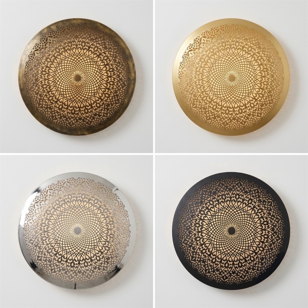Four color variations of a round handcrafted Moroccan brass flush mount ceiling light in antique bronze, brushed gold, polished silver, and matte black, displaying intricate geometric cutouts.