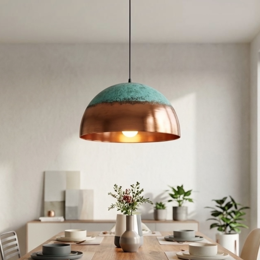 Single Moroccan brass dome pendant light fixture with aged patina finish hanging over a contemporary wooden dining table