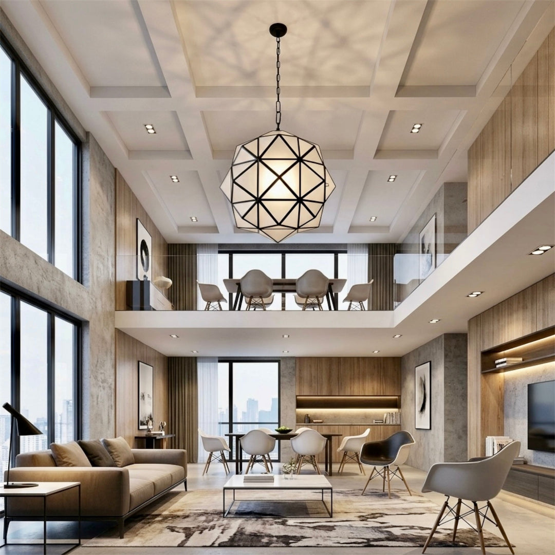 ⁠Handmade modern Moroccan geometric brass pendant light with frosted glass panels hanging in a contemporary open-concept living room