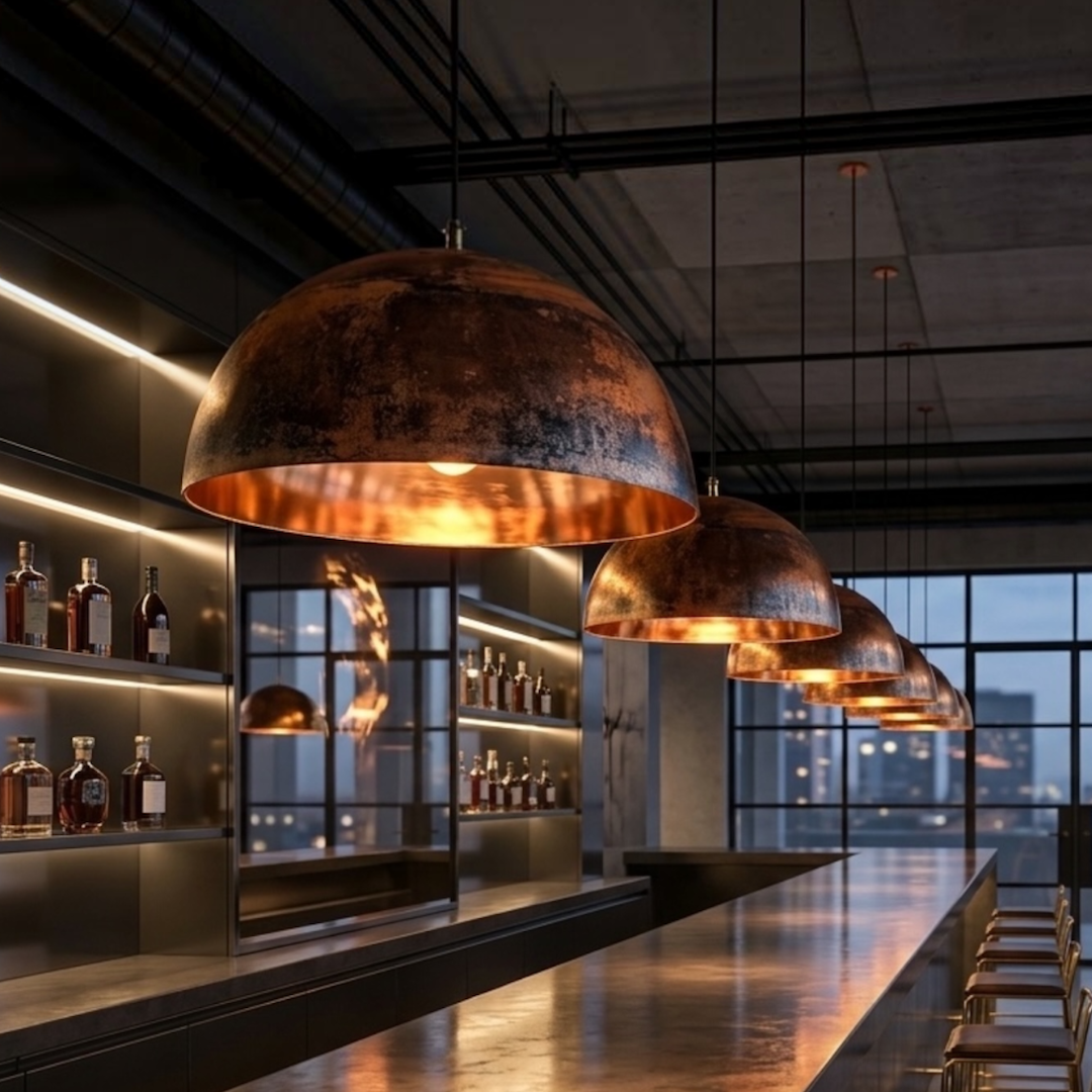 : Line of large brass dome pendant lights hanging along an industrial luxury bar counter with city views