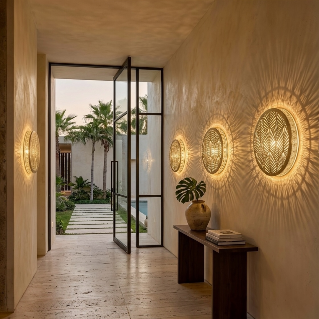  A row of modern Moroccan round brass wall lamps lighting up a minimalist luxury hallway corridor, creating a warm, ambient shadow-cast atmosphere.