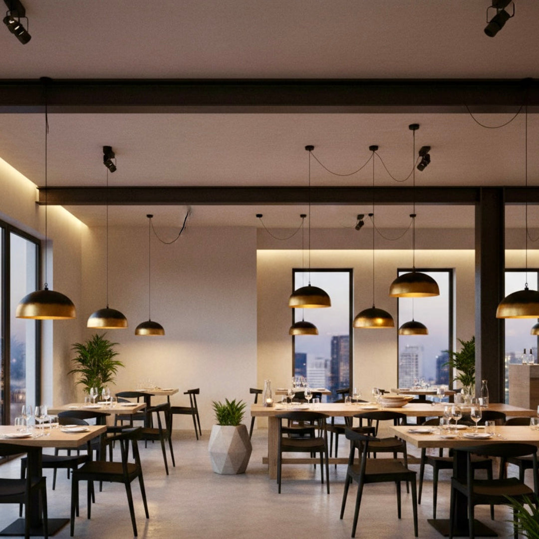 Multiple Moroccan brass dome lamps installed in a modern restaurant setting with floor-to-ceiling windows