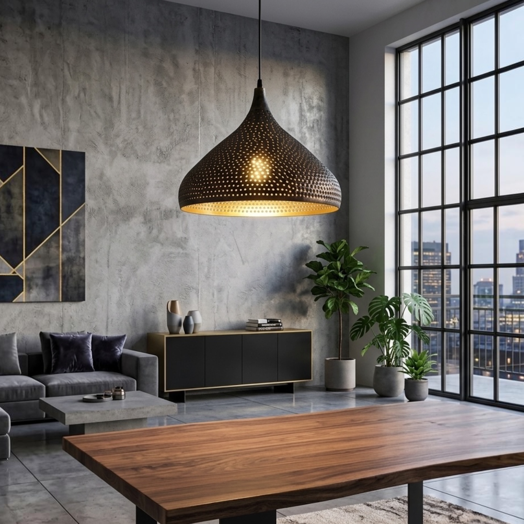 Statement modern Moroccan brass dome light hanging above a wooden dining table in a spacious industrial loft living room