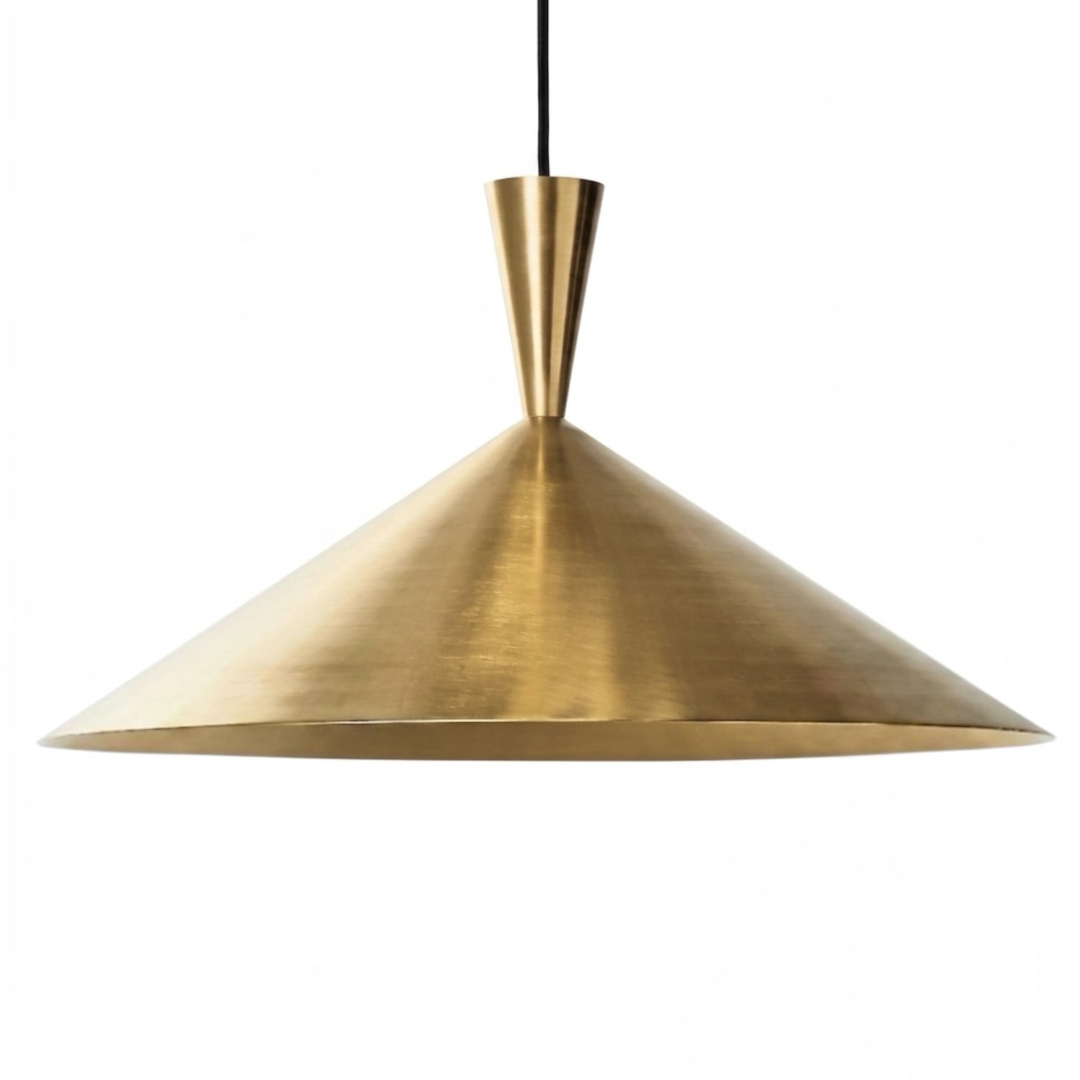  Modern Moroccan handmade brass cone pendant light isolated on a white background, crafted from solid brushed brass