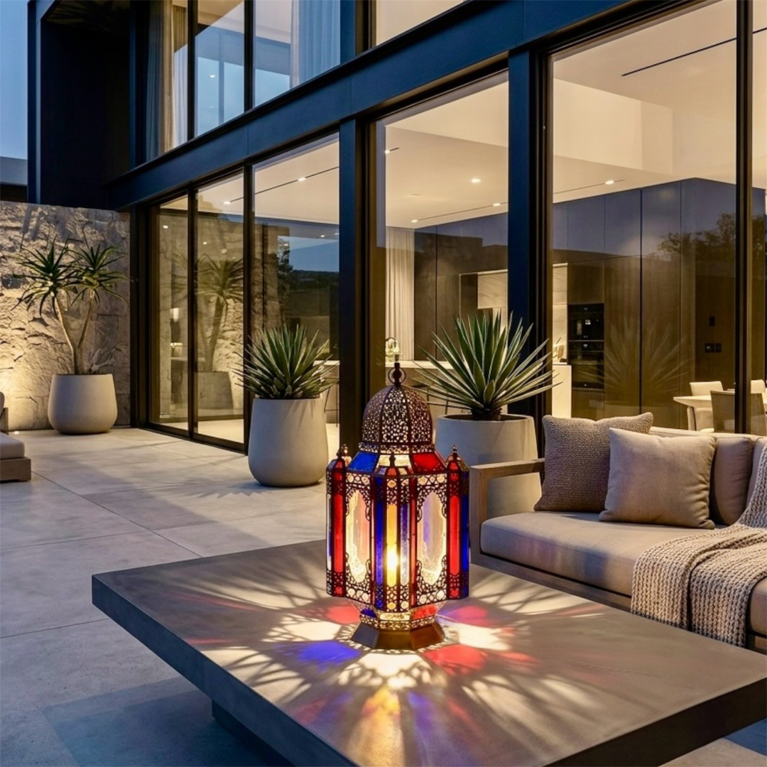  Handmade Moroccan brass lantern with multicolored glass panels glowing on a modern outdoor patio coffee table at night.
