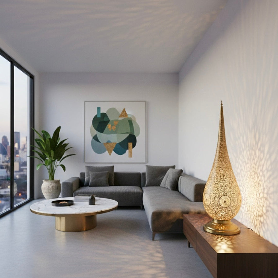  A handmade Moroccan brass table lamp on a dark wood nightstand, providing warm ambient lighting in a cozy bedroom.