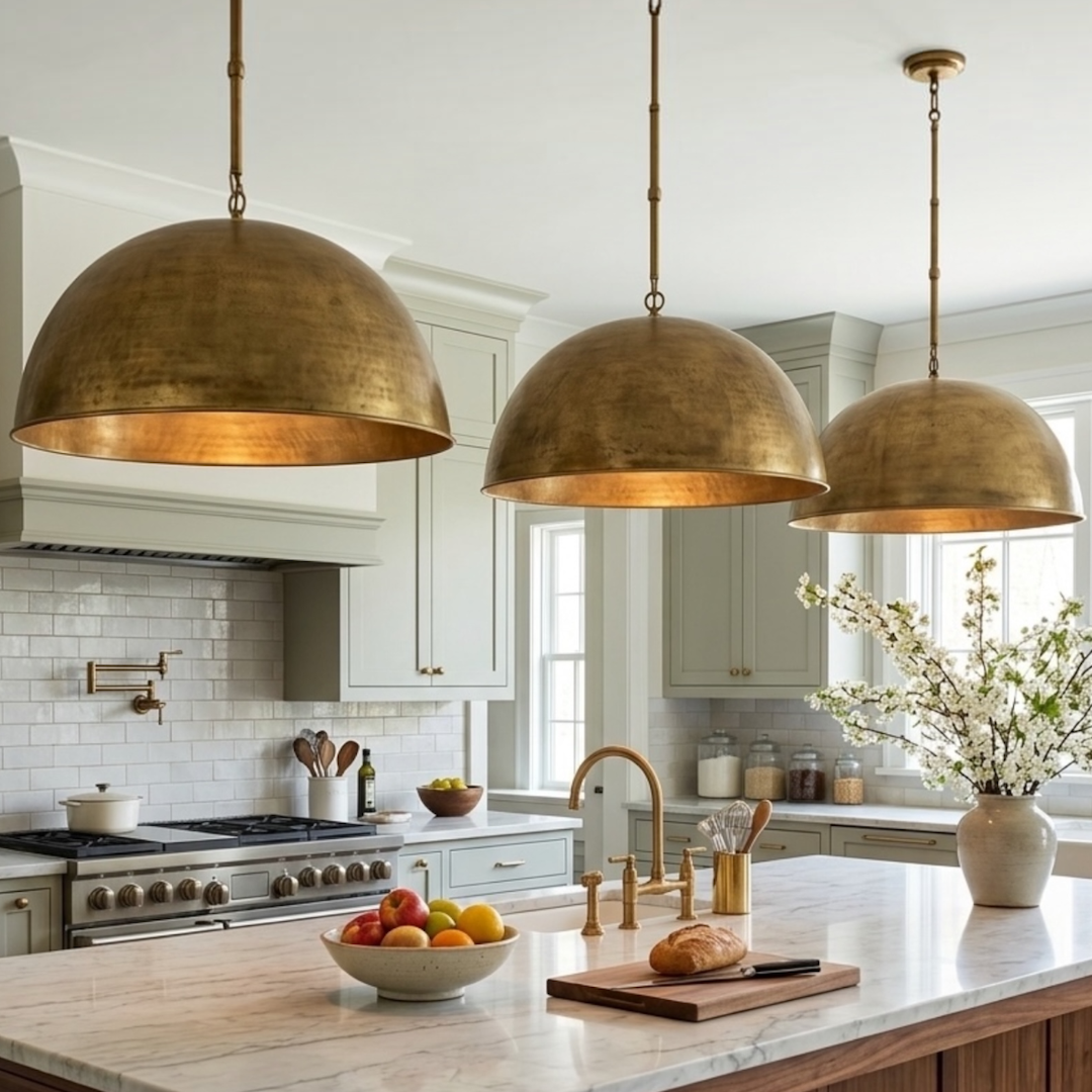 Three oversized modern brass dome pendant lights hanging over a marble kitchen island in a bright, modern farmhouse kitchen