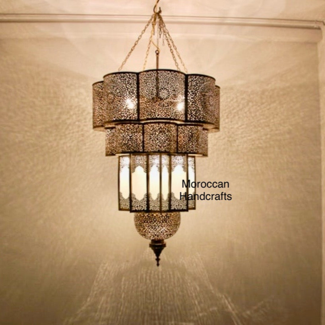  Tiered Moroccan Fanoos chandelier in antique brass with hand-chiseled filigree details, showcasing its impressive size