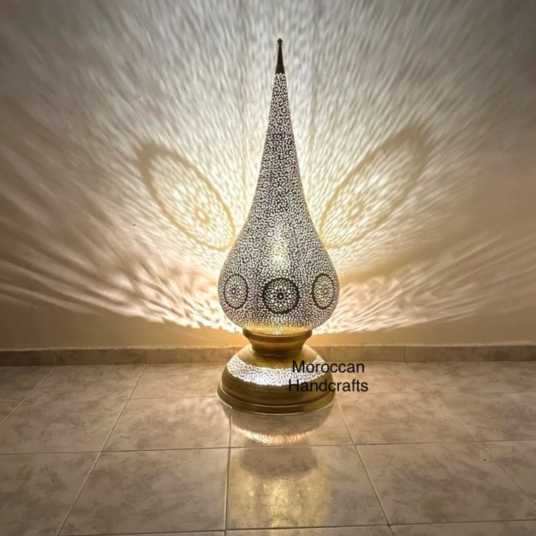 Artisan Arabic-style metal lamp suitable for floor or large table placement, adding an ethnic touch to home decor.