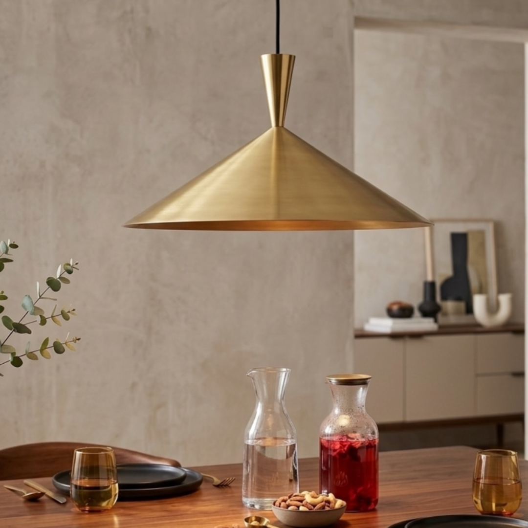 Close-up of a Moroccan handmade brass cone pendant light hanging over an elegant wooden dining table setting