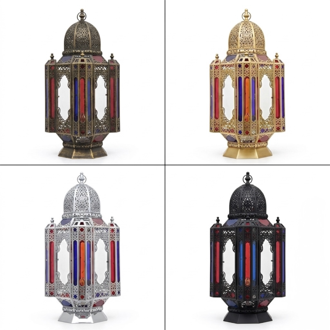 Four color options of handmade Moroccan brass table lamps including bronze, gold, silver, and matte black finishes. 