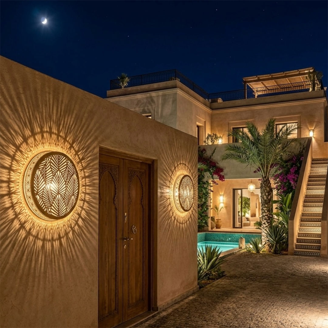 Handmade Moroccan brass wall lamps casting intricate palm leaf shadow patterns on a luxury outdoor villa courtyard wall at night.