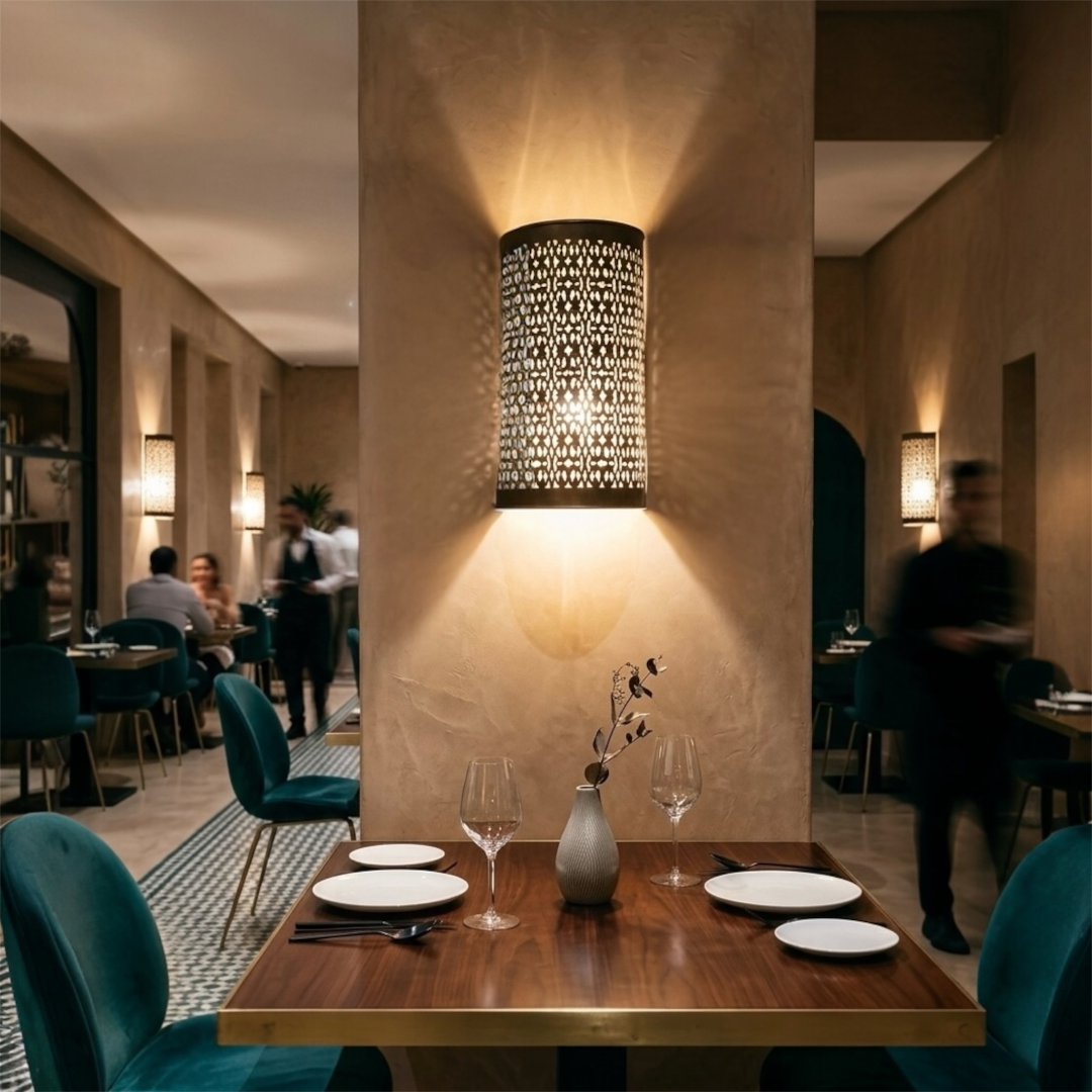 Modern restaurant interior featuring handcrafted brass wall lamps with intricate Moroccan pattern designs.