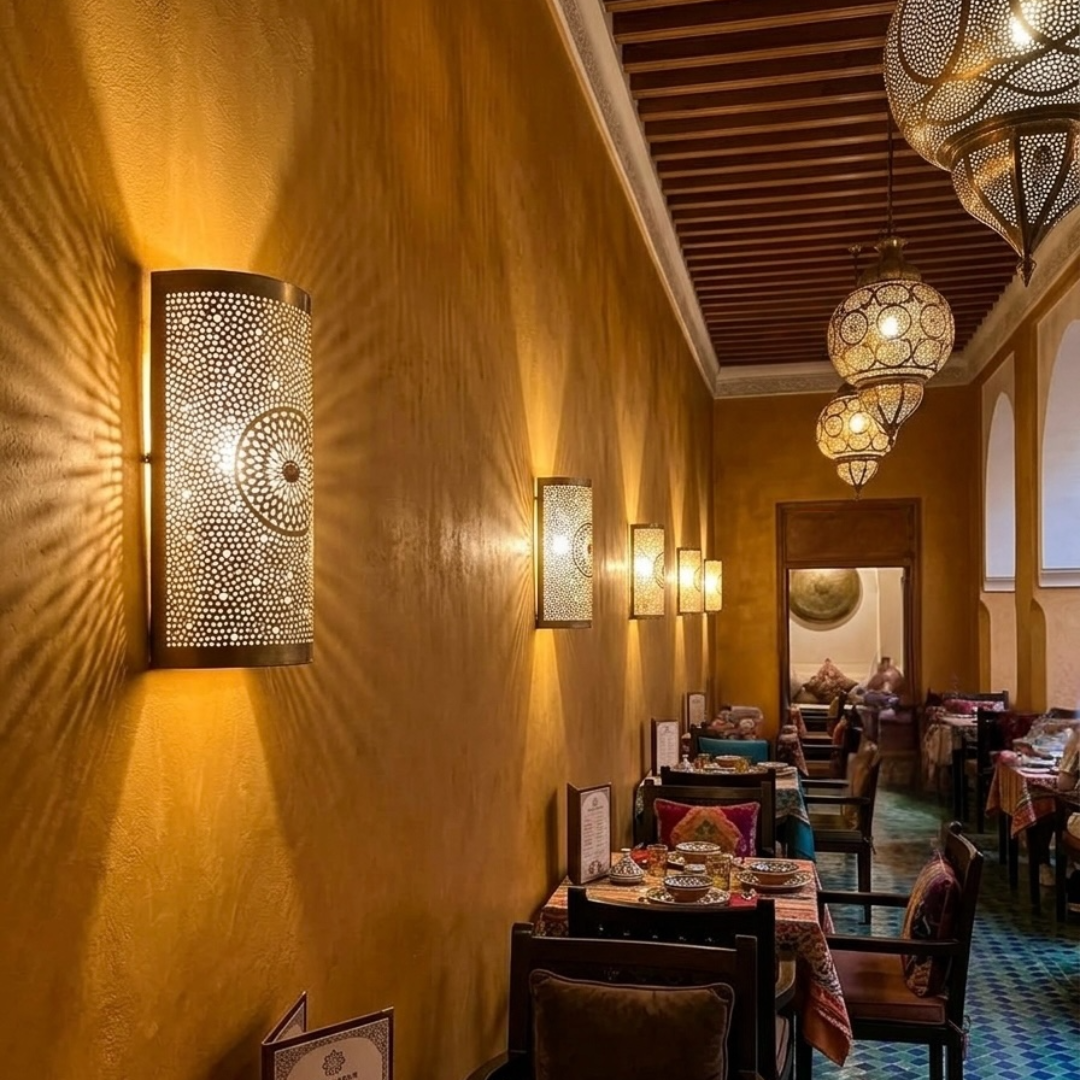 A row of cylinder-shaped Moroccan brass wall lamps casting intricate shadow patterns in a traditional warm-toned restaurant hallway.