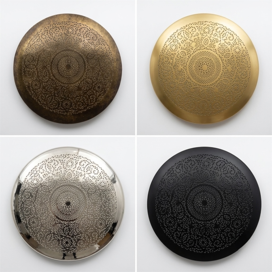  Four finish options for the modern Moroccan flush mount lamp: antique brass, brushed gold, polished silver, and matte black.