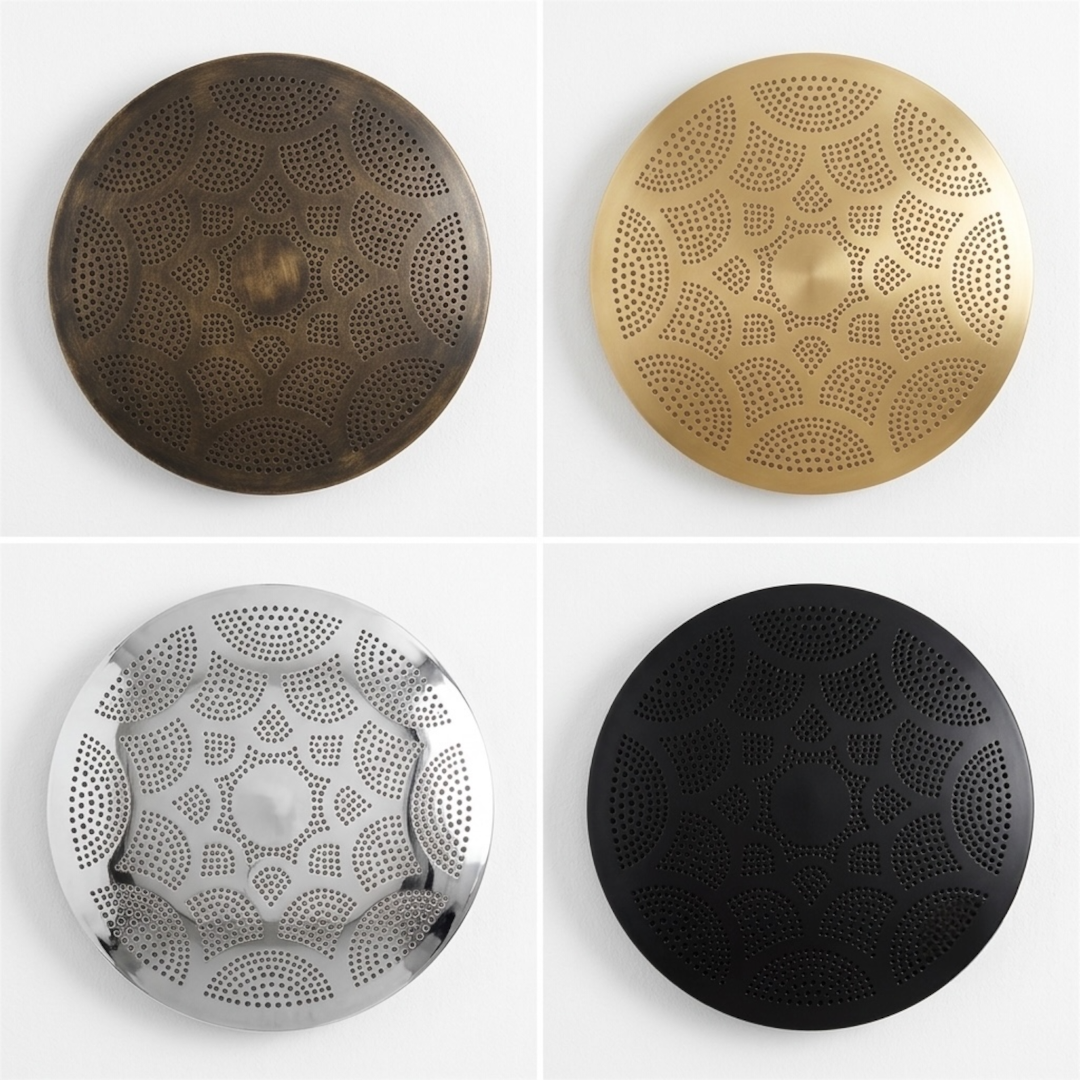 Four finish options for the handmade Moroccan flush mount lamp including antique bronze, brushed brass, polished silver, and matte black steel.