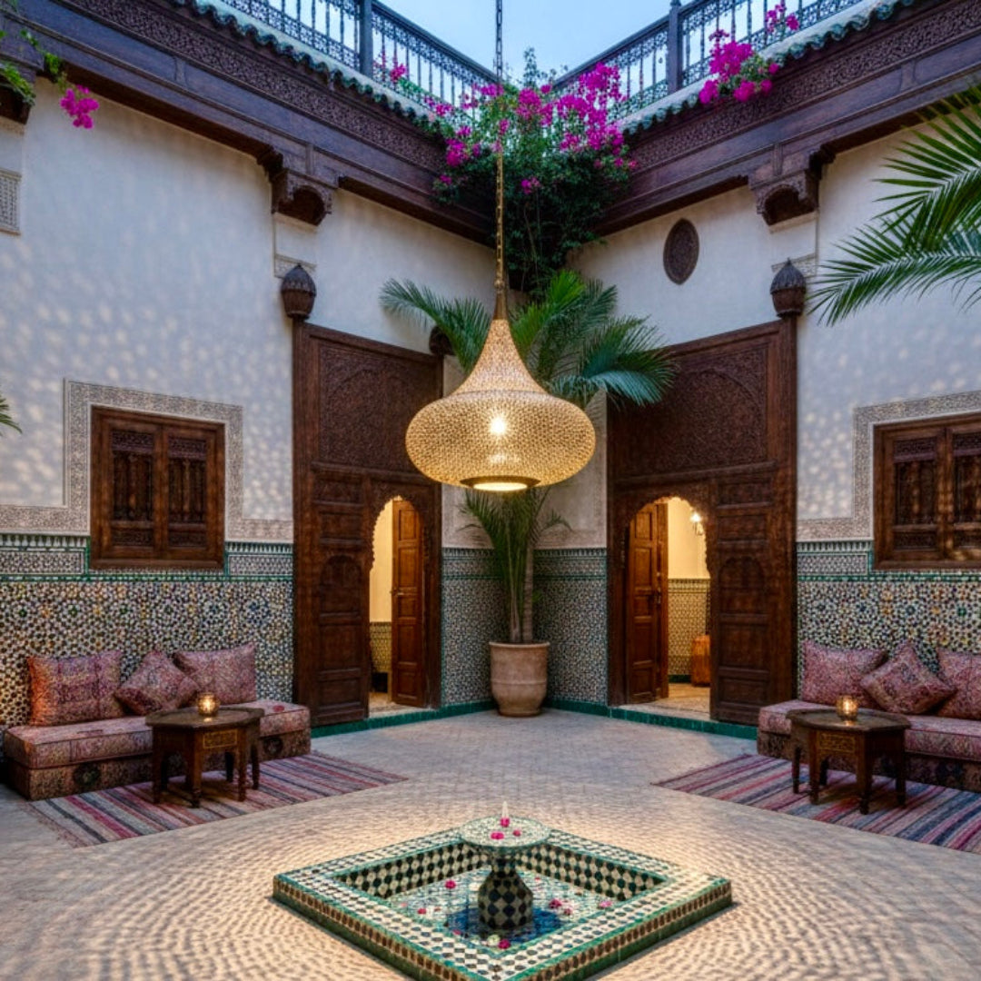 Warm ambient lighting from a Moroccan brass pendant lamp in a cozy bedroom, artistic shadow play on walls and bed.